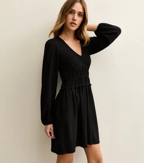 Black Shirred Waist Mini Dress