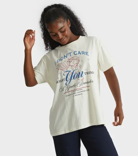 Cream I Don't Care Print T-Shirt