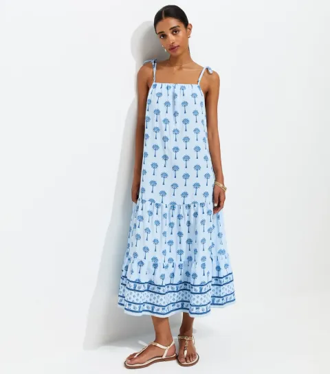 Blue Palm Print Tiered Midi Dress