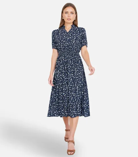 Navy Ditsy Floral Print Midi Shirt Dress