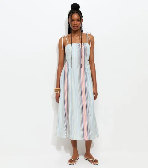 Blue Stripe Print Cami Godet Midi Dress