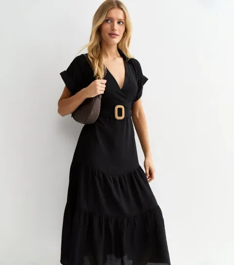 Black Tiered Belted Midi Dress