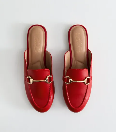 Red Faux Leather Snaffle Detail Backless Loafers