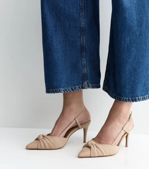 Wide Fit Light Brown Faux Suede Knotted Slingback Court Shoes Vegan