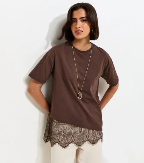 Dark Brown Cotton Scalloped Lace T-Shirt