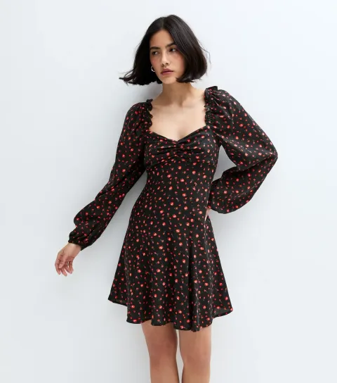 Black Floral Print Sweetheart Neck Mini Dress