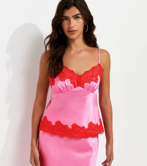 Bright Pink Satin Contrast Trim Lace Cami Top