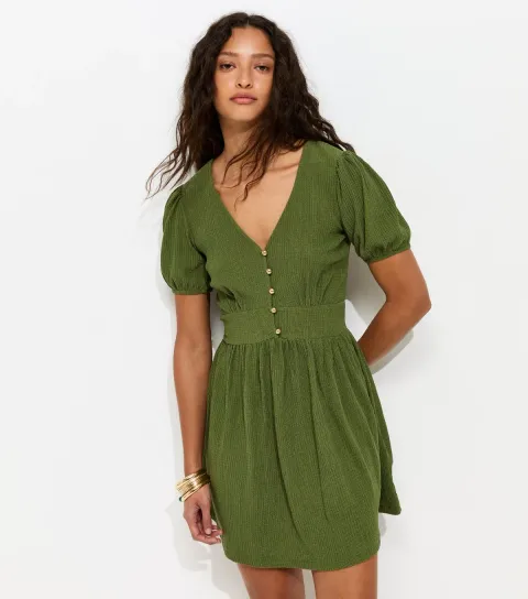 Green Crinkle Texture V-Neck Button Front Mini Dress