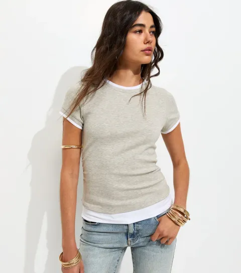 Marl Grey Ruched Side 2 In 1 Baby Tee T-Shirt