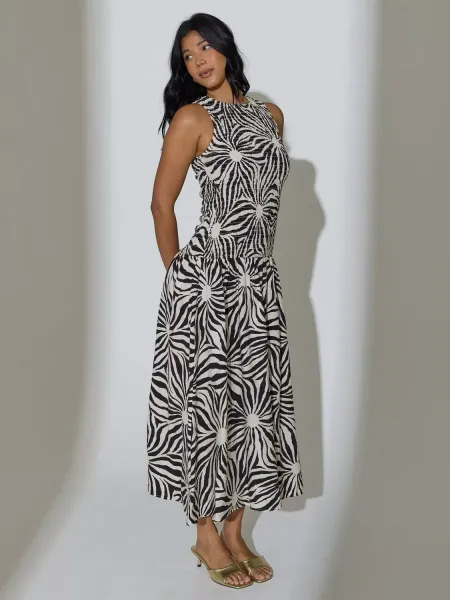 South Beach Sunburst Textured Sleeveless Shirred Drop Waist Maxi Dress