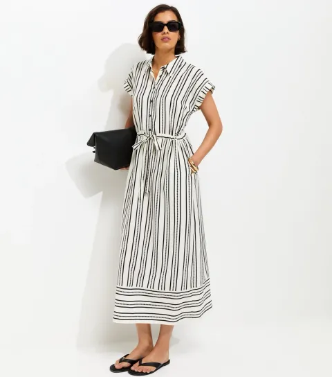 Cream Striped Striped Midi Shirt Dress