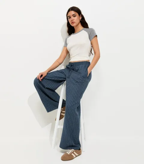 Dark Blue Woven Striped Wide Leg Trousers