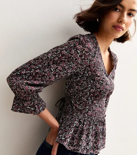 Black Floral Print V-Neck Blouse