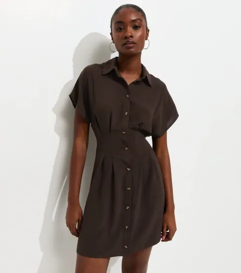 Dark Brown Short Sleeve Mini Shirt Dress