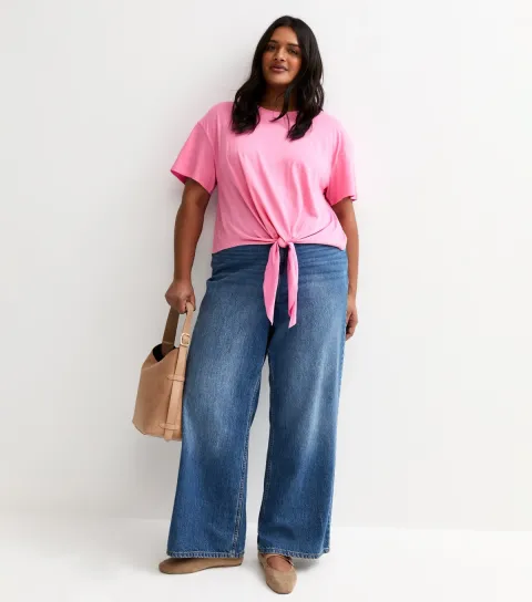 Plus Size Bright Pink Tie Front T-Shirt Curves