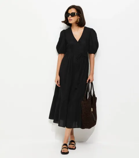Black Embroidered Smock Midi Dress