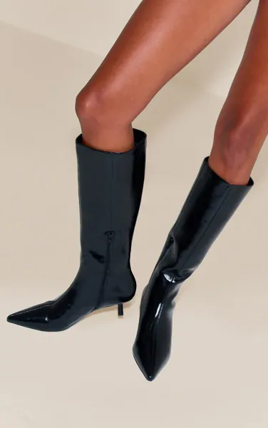 Black Point Toe Kitten Heel Knee High Boot