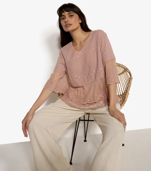 Light Pink Floral Embroidered Tiered Blouse