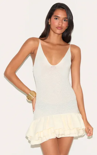 Cream Knitted Frill Hem Strappy Mini Dress
