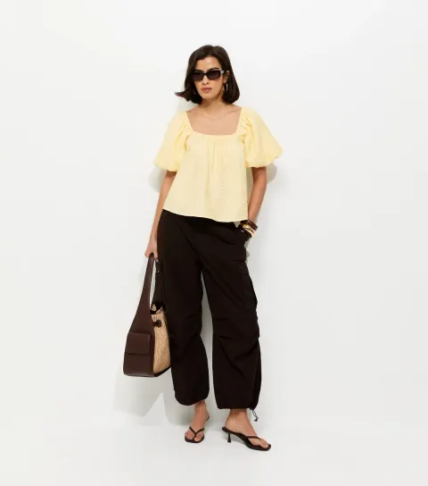 Yellow Square Neck Puff Sleeve Blouse