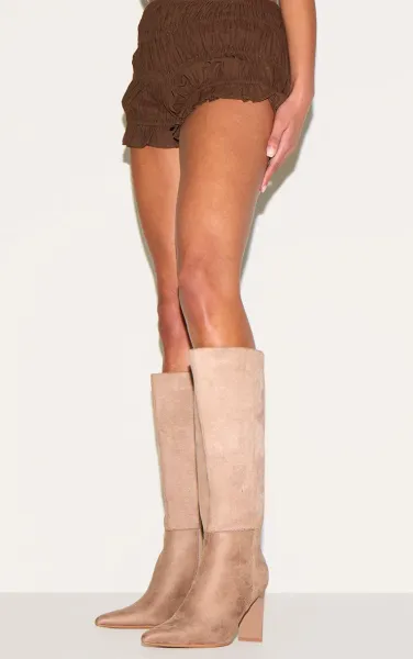 Mushroom Faux Suede Point Toe Thin Block High Heel Knee High Boots