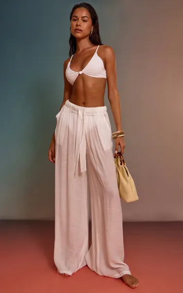 White Palazzo Linen Look Beach Trousers