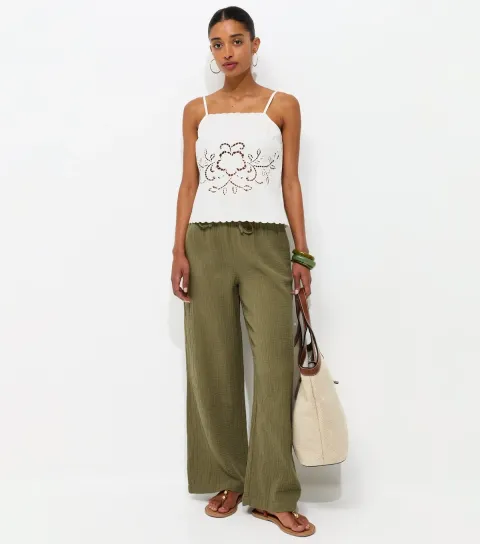 Dark Khaki Cotton Textured Drawstring Wide Leg Trousers