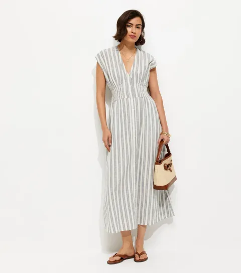 Blue Striped V-Neck Midi Dress