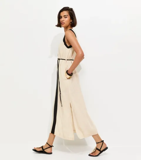 Cream Contrast Trim Column Midi Dress