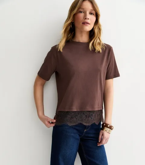 Brown Lace Hem Boxy T-Shirt