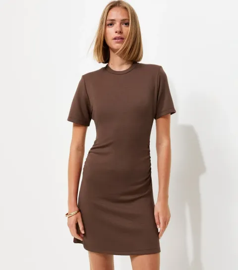 Dark Brown Ruched Side Short Sleeve Mini Dress