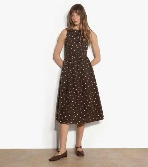 Brown Cotton Polka Dot Print Midi Dress