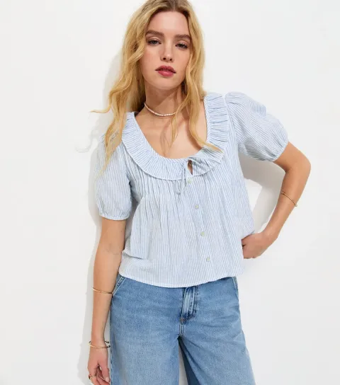 Light Blue Striped Frill Neckline Blouse