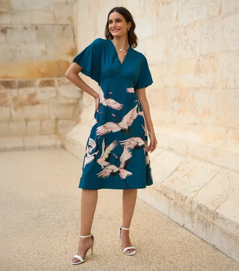 Teal Bird Print Midi Dress