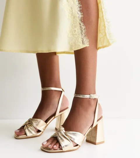 Gold Faux Leather Twisted Strap Block Heel Sandals Vegan