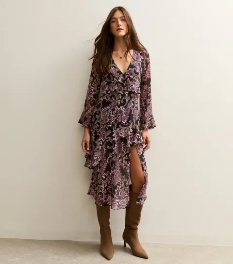 Black Paisley Print Chiffon Midi Dress