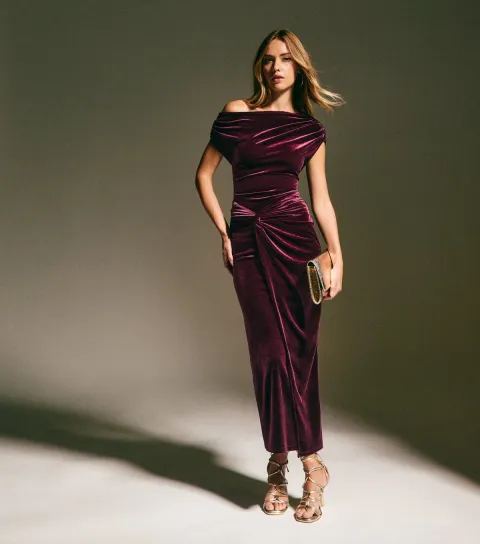 Dark Burgundy Velvet Off The Shoulder Knot Waist Maxi Dress