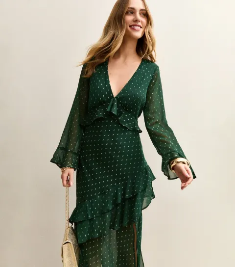 Dark Green Foil Spot Ruffle Trim Midi Dress