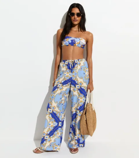 Blue Treasure Print Beach Wide Leg Trousers