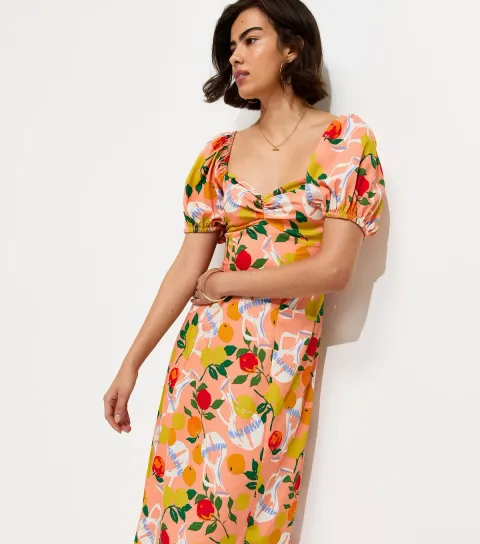 Pink Fruit Print Crepe Midi Dress