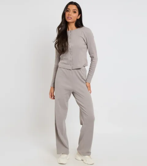 Light Grey Ribbed Wide Leg Trousers