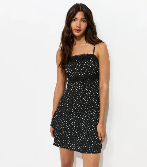 Black Polka Dot Lace Bust Cami Strap Mini Dress