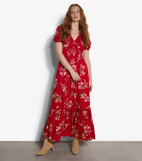Red Floral Print Midi Dress