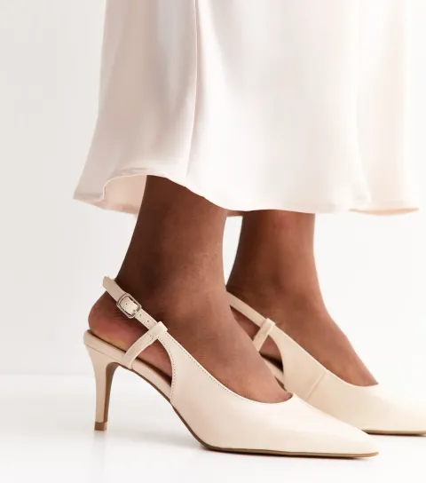 Wide Fit Off White Patent Faux Leather Slingback Court Shoes