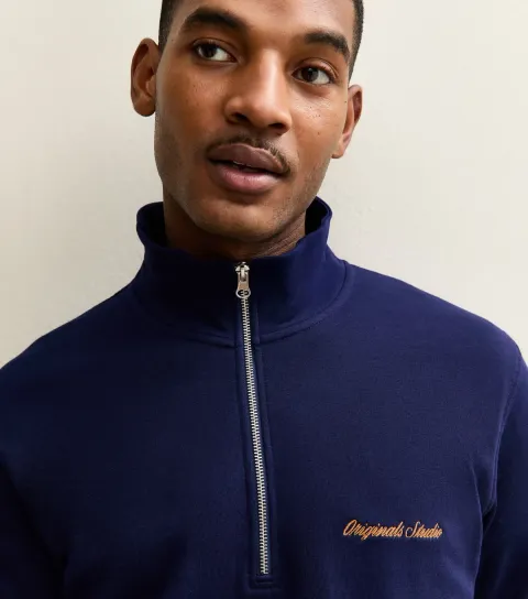Dark Blue Embroidered Logo Half Zip Sweatshirt