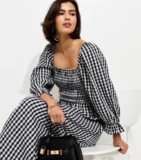 Black Gingham Shirred Cropped Puff Sleeve Midi Dress