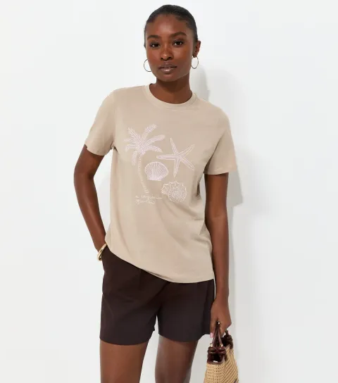 Mink Cotton Palm Shell Print Relaxed T-Shirt