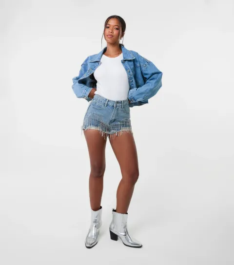 Blue Diamanté Fringe Denim Shorts