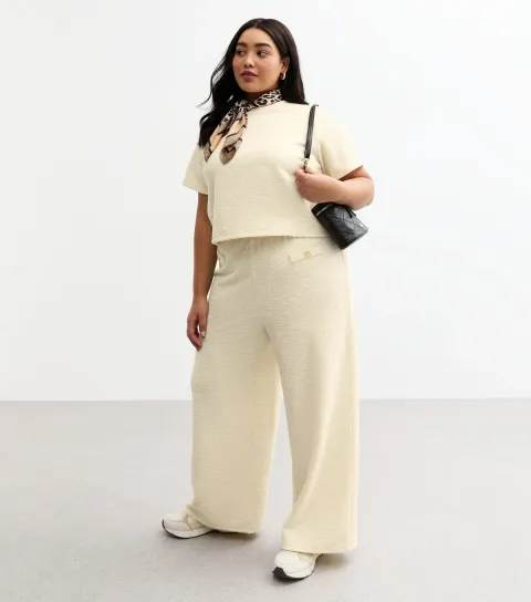 Plus Size Cream Textured Button Detail Wide Leg Trousers Curves