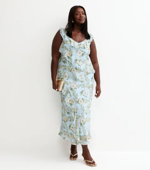 Plus Size Light Blue Floral Chiffon Ruffle Midi Dress Curves